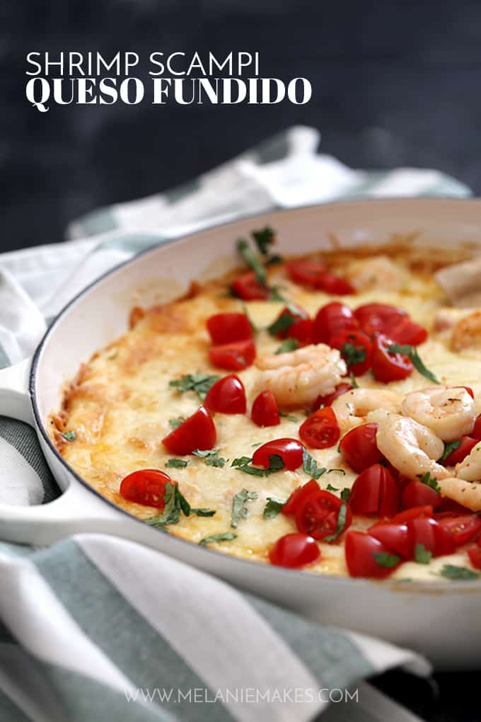 This Shrimp Scampi Queso Fundido is your favorite seafood entree turned melted cheese dip! Shrimp, garlic butter, red peppers and onions are swirled throughout molten mozzarella before being topped with tomatoes and parsley. Grab some pita chips, this amazing appetizer disappears quickly! This Shrimp Scampi Queso Fundido is your favorite seafood entree turned melted cheese dip! Shrimp, garlic butter, red peppers and onions are swirled throughout molten mozzarella before being topped with tomatoes and parsley. Grab some pita chips, this amazing appetizer disappears quickly!