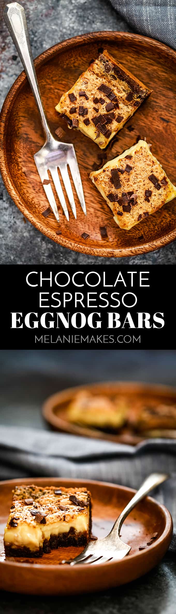 These Chocolate Espresso Eggnog Bars are perfect for any holiday get together! A chocolate espresso crust is the base for a eggnog filling spiked with Kahlua and nutmeg for a twist on traditional eggnog. After a shower of espresso powder and chocolate shavings on top, these decadent treats are ready to devour.
