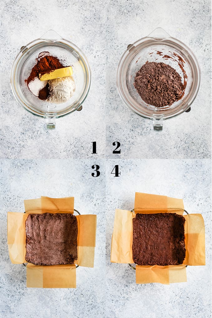Step by step photos of how to create Chocolate Espresso Eggnog Bars steps 1-4.