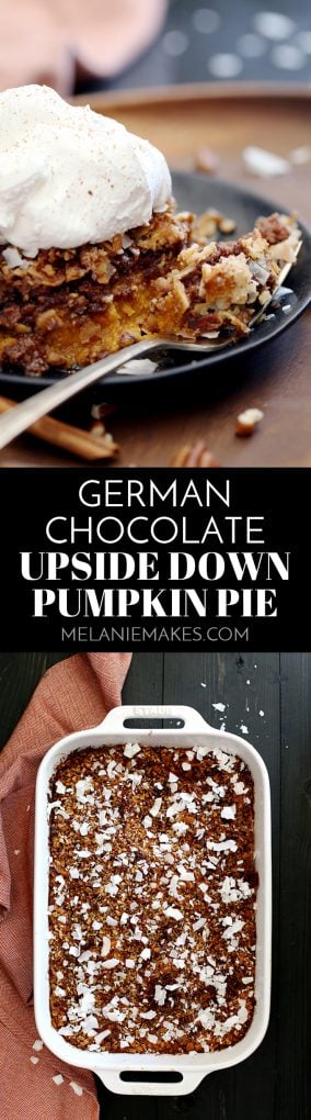 Turning the traditional on its head, this German Chocolate Upside Down Pumpkin Pie has all the usual suspects but is also showered with coconut and pecans. #germanchocolate #pumpkin #pumpkinpie #upsidedown #upsidedowncake #thanksgiving #thanksgivingrecipes #christmas #christmasrecipes