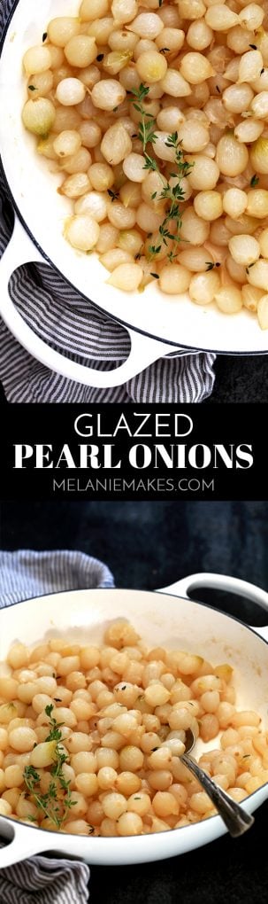 Hands down the easiest holiday side dish you'll ever come across. These Glazed Pearl Onions are shellacked with brown sugar and bedazzled with fresh thyme. Sure, they may be simple to prepare, but the taste is anything but simple. Prepare for them to disappear quickly!