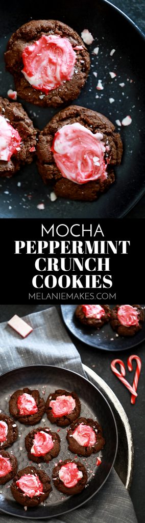 Look no further for the perfect cookie for any winter holiday celebration than these Mocha Peppermint Crunch Cookies! A soft and chewy espresso infused chocolate cookie is topped with a puddle of peppermint crunch candy before being showered with crushed candy cane. #mocha #peppermint #cookies #christmascookies #chocolatecookies