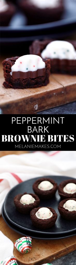 These one bowl Peppermint Bark Brownie Bites are an easy holiday inspired sweet that take just 15 minutes to prepare. Peppermint bark candies stud these deliciously fudgy, one bite chocolate brownie treats.
