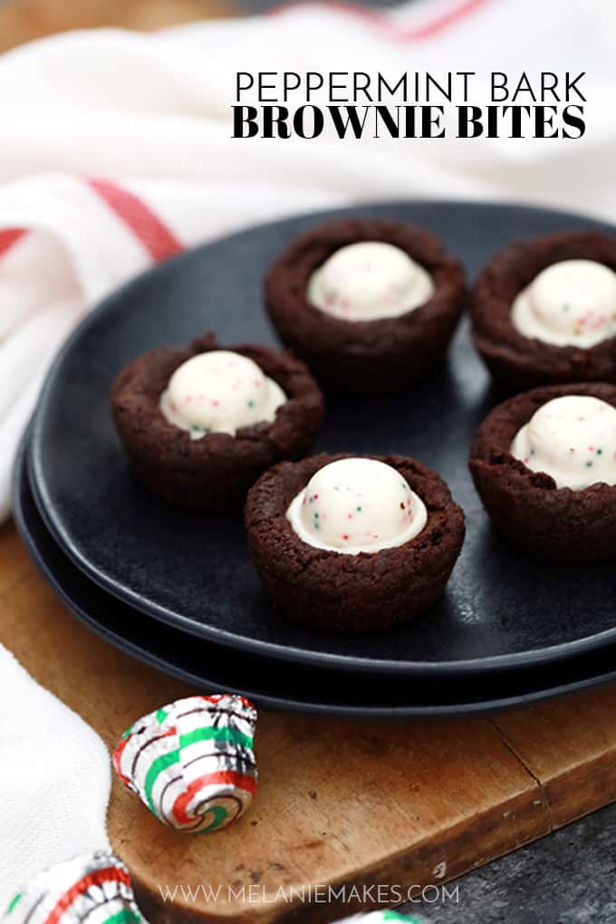 These one bowl Peppermint Bark Brownie Bites are an easy holiday inspired sweet that take just 15 minutes to prepare.  Peppermint bark candies stud these deliciously fudgy, one bite chocolate brownie treats.