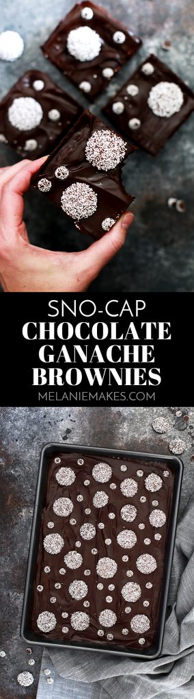 These Sno-Cap Chocolate Ganache Brownies are decadence at it's finest, my friends. A fudgy brownie base is studded with Sno-Cap nonpareil candies before being flooded with thick layer of chocolate ganache and adorned with additional candy.