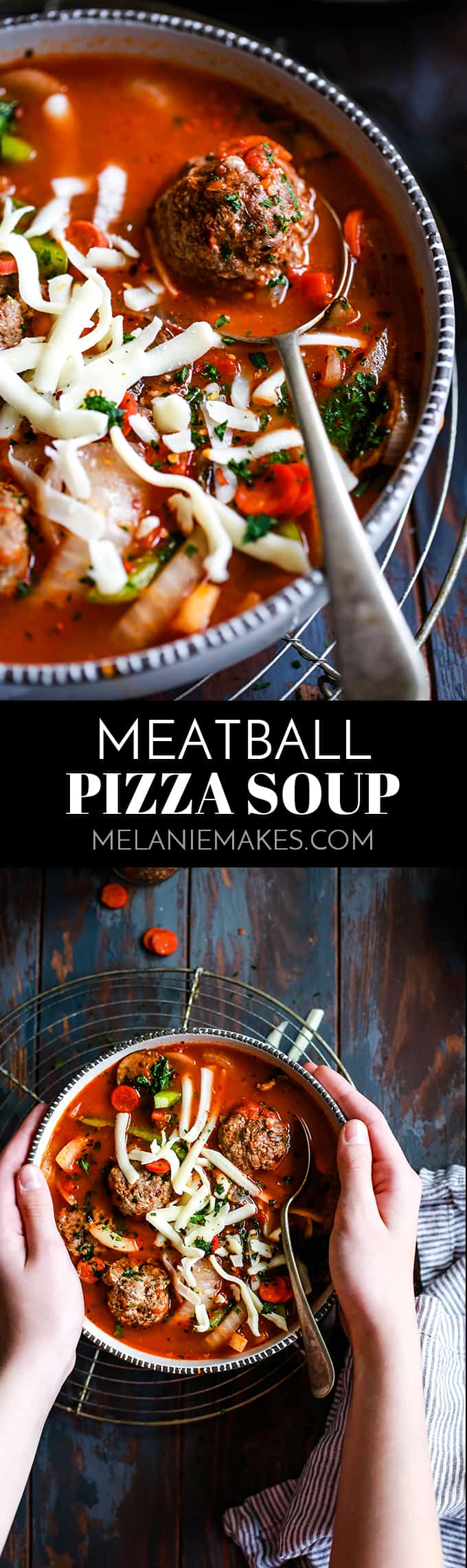Thanks to a shortcut, this Meatball Pizza Soup takes just 10 minutes to prepare.  Meatballs join your favorite pizza toppings in this comforting soup. #meatballs #meatballsoup #pizza #soup #easyrecipe #cheese