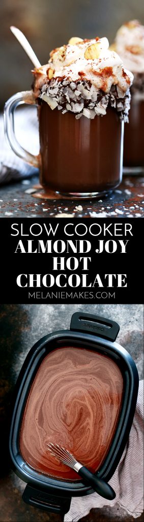 This Slow Cooker Almond Joy Hot Chocolate takes just five minutes to prepare, yet makes enough to wow a crowd! Whole milk, heavy cream, cocoa and almond extract are whisked together to form this decadently delicious treat. Garnished with whipped topping, sliced almonds and coconut flakes, this hot chocolate is easily the best around.