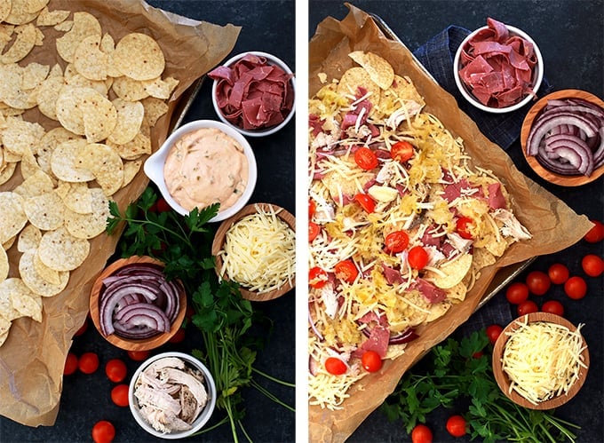 Process shots of building Chicken Reuben Sheet Pan Nachos.