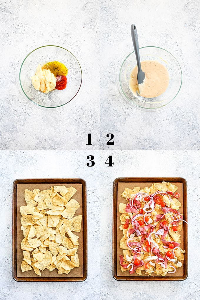 How to create Chicken Reuben Sheet Pan Nachos, steps 1-4.