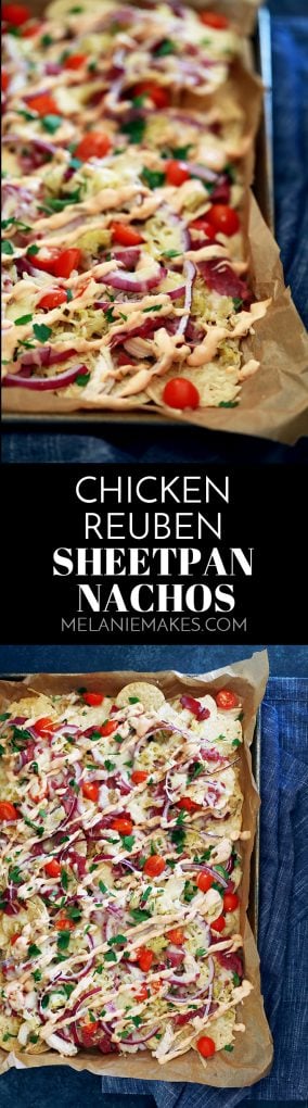 These Chicken Reuben Sheet Pan Nachos are the perfect way to celebrate St. Patrick’s Day or any other day when easy comfort food is required. #nachos #chicken #beef #stpatricksday #gameday #sheetpan