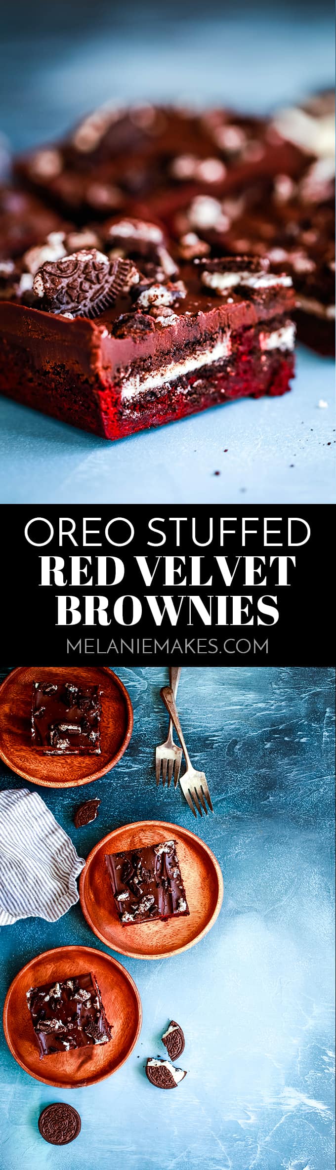 These Oreo Stuffed Red Velvet Brownies are deliciously decadent! A fudgy red velvet brownie base is stuffed with Oreos and then covered with a layer of chocolate ganache and more crumbled cookies. #redvelvet #brownies #chocolate #oreo #cookies #ganache #valentines #christmas