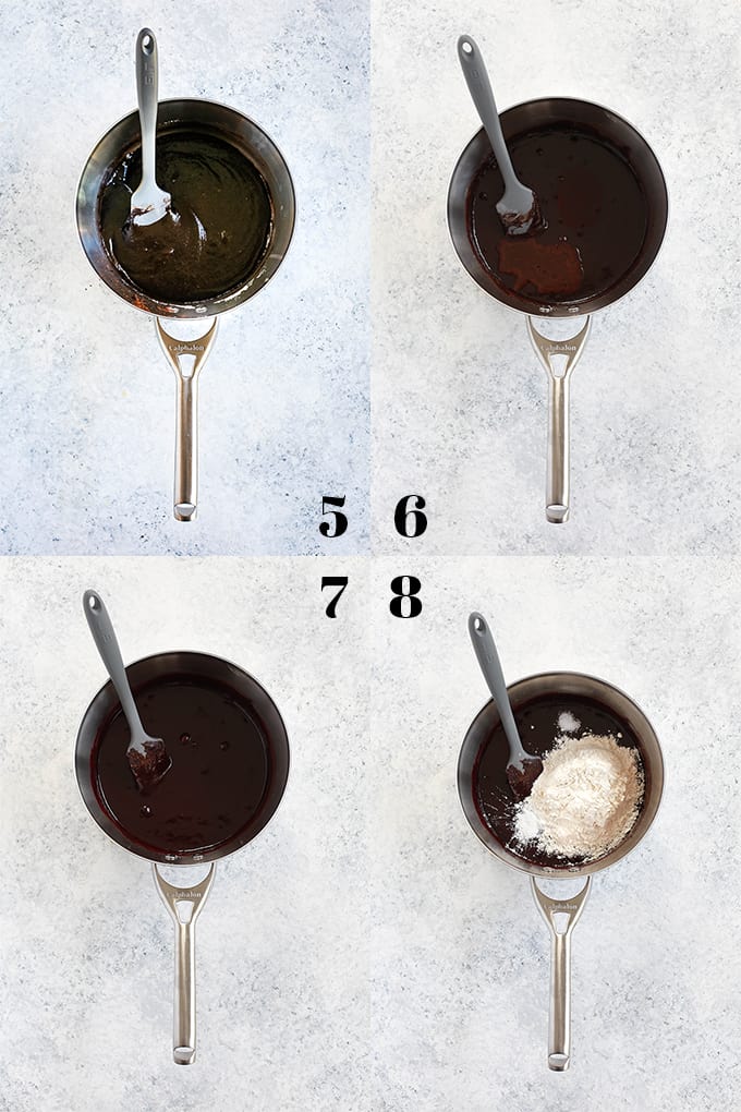 Step by step photos of how to create Oreo Stuffed Red Velvet Brownies, steps 5-8.