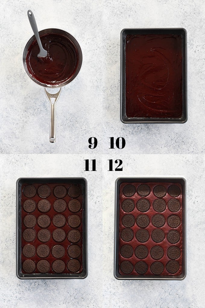 Step by step photos of how to create Oreo Stuffed Red Velvet Brownies, steps 9-12.