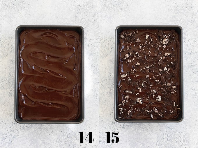 Step by step photos of how to create Oreo Stuffed Red Velvet Brownies, steps 14-15.