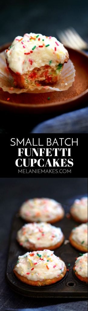 These Small Batch Funfetti Cupcakes are simple, delicious and ready in just 30 minutes. Studded with rainbow sprinkles and topped with funfetti buttercream frosting, this recipe makes six cupcakes. #smallbatch #cupcakes #buttercream #funfetti #sprinkles #rainbow