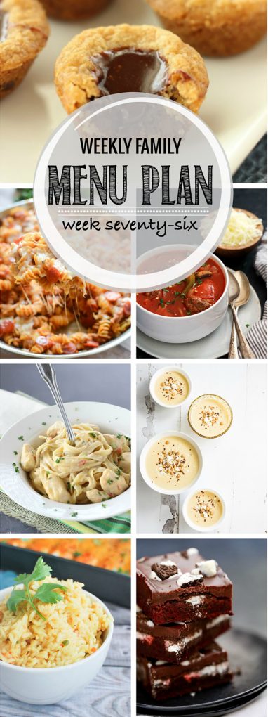 A visual weekly family menu plan including six meals, a breakfast, side dish and two dessert ideas. Each featured recipe includes multiple photos for each dish.