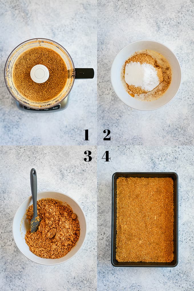 Step by step photos of how to create Chocolate Caramel Pretzel Bars on a white speckled surface.