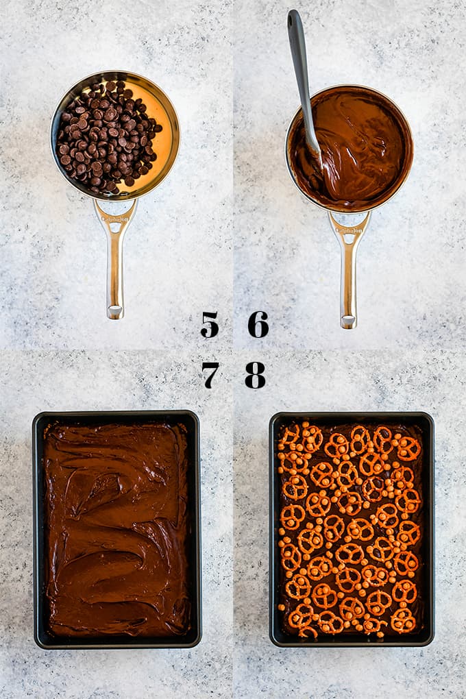 Step by step photos of how to create Chocolate Caramel Pretzel Bars on a white speckled surface.