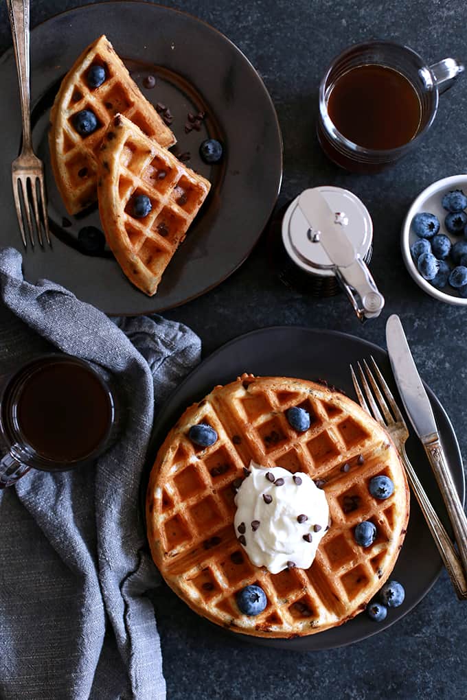 These Chocolate Chip Yogurt Waffles take just 10 minutes to prepare which means breakfast is on the table in no time! Studded with mini chocolate chips, these waffles get their signature flavor from plain whole milk yogurt and butter which helps to achieve their crisp exterior and light and fluffy interior.