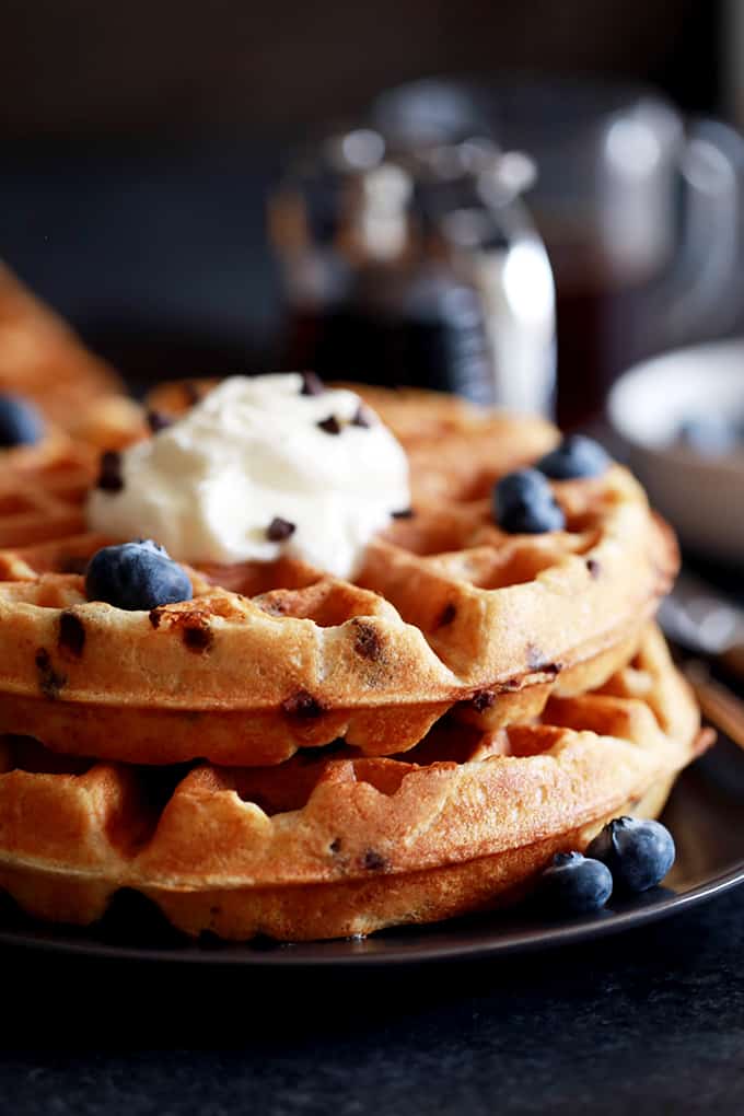 These Chocolate Chip Yogurt Waffles take just 10 minutes to prepare which means breakfast is on the table in no time! Studded with mini chocolate chips, these waffles get their signature flavor from plain whole milk yogurt and butter which helps to achieve their crisp exterior and light and fluffy interior.