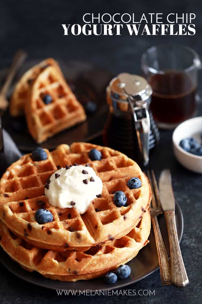 These Chocolate Chip Yogurt Waffles take just 10 minutes to prepare which means breakfast is on the table in no time! Studded with mini chocolate chips, these waffles get their signature flavor from plain whole milk yogurt and butter which helps to achieve their crisp exterior and light and fluffy interior.