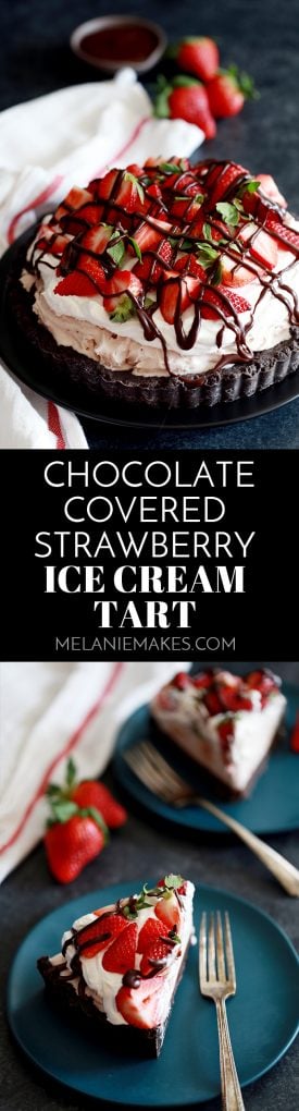 There’s no doubt you’ll fall head over heals for this decadent, make ahead Chocolate Covered Strawberry Ice Cream Tart that takes just minutes to prepare. #chocolate #icecream #desserts #easy #ganache #valentinesday #summer #strawberry