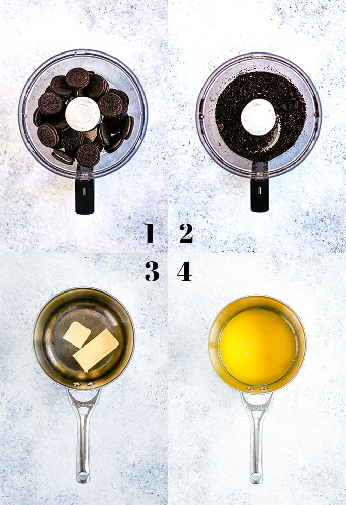 How to prepare a Chocolate Covered Strawberry Ice Cream Tart, steps 1-4.