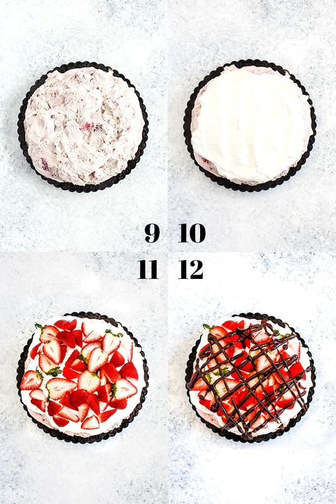 How to prepare a Chocolate Covered Strawberry Ice Cream Tart, steps 9-12.