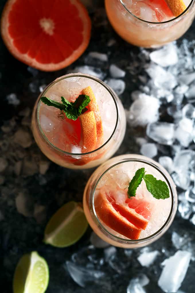 These six ingredient Grapefruit Mojitos couldn't be easier and makes four drinks with just 10 minutes of prep time. Fresh mint and limes are muddled together before being drowned in grapefruit juice, simple syrup, white rum and club soda.