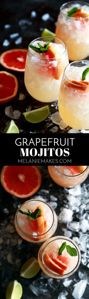 These six ingredient Grapefruit Mojitos couldn't be easier and makes four drinks with just 10 minutes of prep time. Fresh mint and limes are muddled together before being drowned in grapefruit juice, simple syrup, white rum and club soda.
