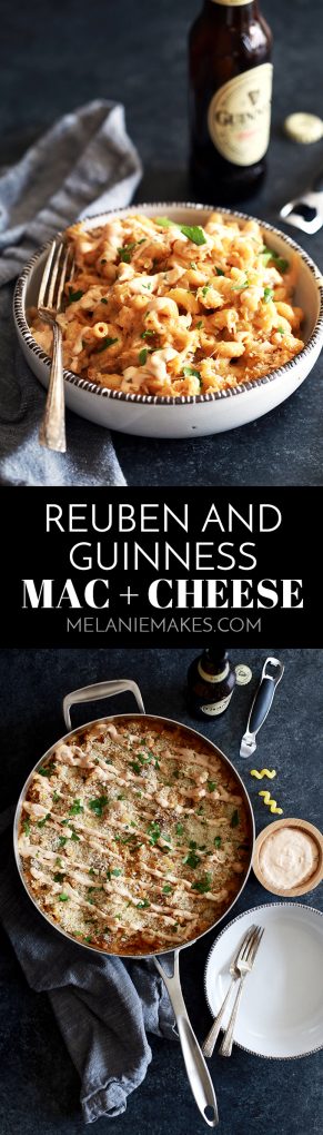 Modern Irish comfort food. That's what I'm calling this Reuben and Guinness Mac and Cheese. Pieces of thick cut corned beef and sauerkraut are stirred into a rich and gooey macaroni and cheese made with both cheddar and Swiss cheese and spiked with Guinness Beer before being drizzled with homemade thousand island dressing.