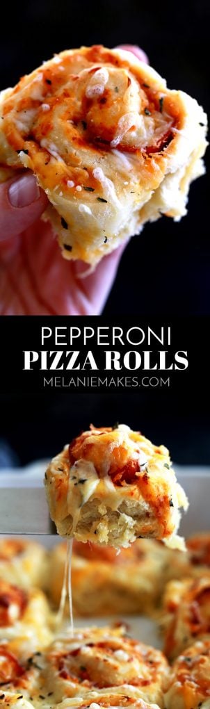 These Pepperoni Pizza Rolls are absolutely nothing like anything you can find in the grocery store freezer section.  A fluffy, homemade brioche bread dough is layered with pizza sauce, garlic, pepperoni, mozzarella cheese and basil before being cut into rolls.  After baking, they're sprinkled with even more cheese and basil to create these addictive rolls.