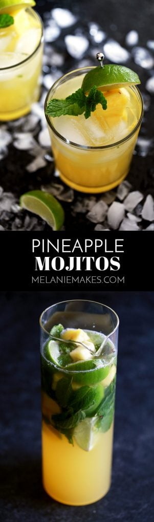 These six ingredient Pineapple Mojitos couldn’t be easier and makes four drinks with just 10 minutes of prep time. Fresh mint and limes are muddled together before being doused in pineapple juice, simple syrup, white rum and club soda. Served over ice and garnished with even more pineapple and mint, you'll feel like you're on a tropical vacation without leaving home!