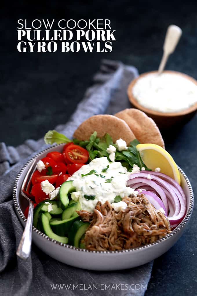 Slow Cooker Pulled Pork Gyro Bowls Melanie Makes