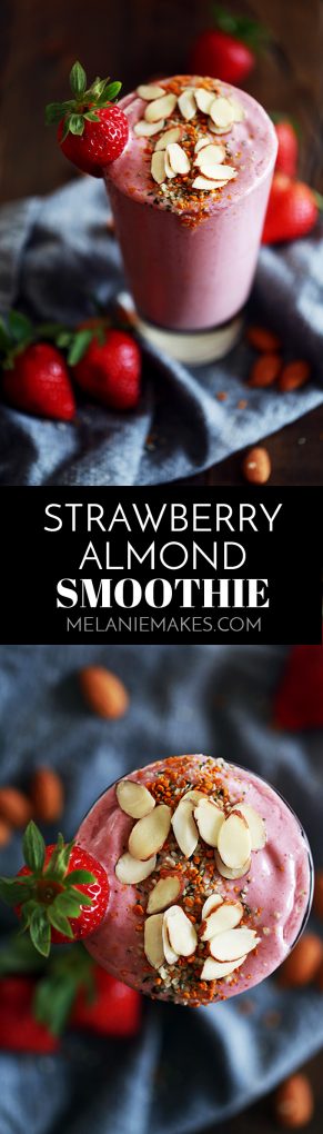 This four ingredient Strawberry Almond Smoothie takes just five minutes or less to prepare. Frozen strawberries, Greek yogurt, almond milk and almond butter whirl together to create this smooth and luxurious treat that's not only perfect for breakfast but also for lunch or a post-workout treat. 