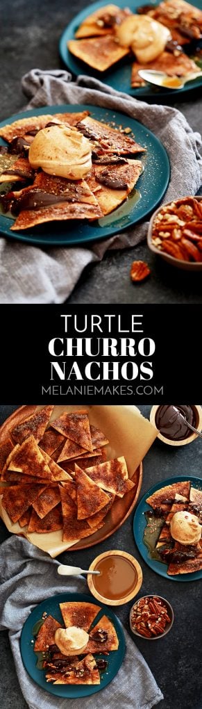These Turtle Churro Nachos are the perfect dessert to feed a crowd. Homemade cinnamon and sugar speckled tortilla chips are drizzled with caramel sauce and chocolate ganache before being crowned with a dollop of caramel cream cheese. They're then sprinkled with chopped pecans and additional cinnamon sugar. 