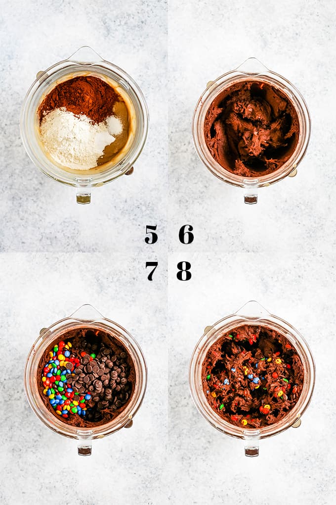 A cocoa infused chocolate chip cookie dough batter is bedazzled with dark chocolate chips and M&Ms candy to make these amazing Double Chocolate M&M Cookies. #cookies #candy #desserts #chocolate #easyrecipe How to prepare Double Chocolate M&M Cookies, steps 5-8.