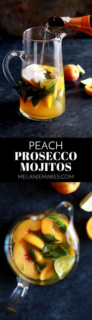 These seven ingredient Peach Prosecco Mojitos couldn’t be easier. Fresh mint and limes are muddled together before being doused in peach juice, simple syrup, white rum and Prosecco. Served over ice and garnished with a peach wedge and additional mint, this is one refreshing cocktail.