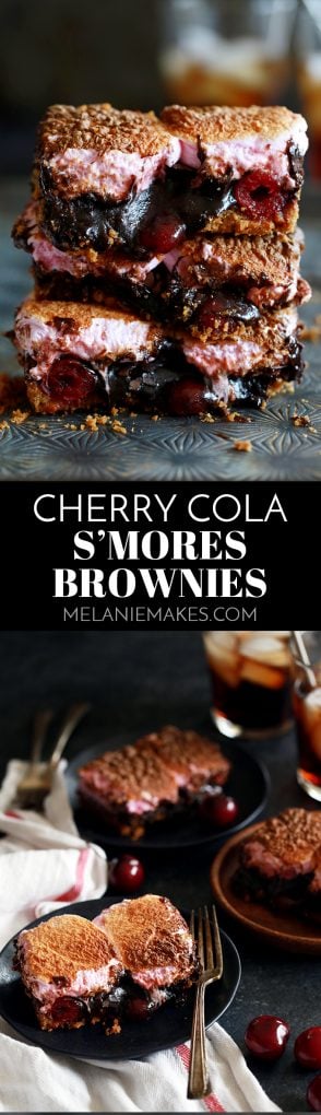 These Cherry Cola S'mores Brownies are the perfect dessert mashup. A buttery, graham cracker base is topped with a cherry cola spiked brownie batter, dark chocolate candy bars and maraschino cherries before being topped with a pillowy layer of cherry flavored marshmallows. They're pretty much heaven in brownie form!