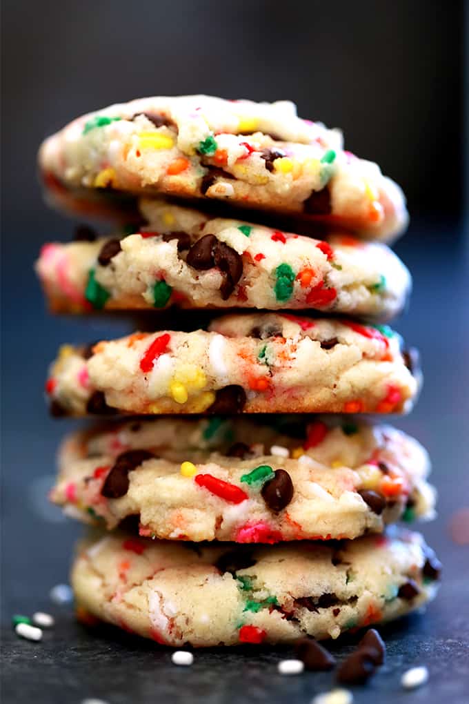With just five ingredients and a quick stir, these Funfetti Chocolate Chip Cake Mix Cookies come together in no time. A soft and pillowy cookie is studded with candy sprinkles and mini chocolate chips to create one of the easiest - and most fun! - cookies to ever grace your jar.