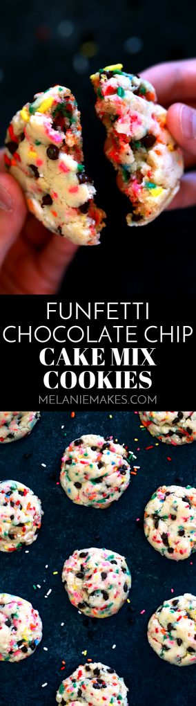With just five ingredients and a quick stir, these Funfetti Chocolate Chip Cake Mix Cookies come together in no time. A soft and pillowy cookie is studded with candy sprinkles and mini chocolate chips to create one of the easiest - and most fun! - cookies to ever grace your jar. #funfetti #chocolatechip #chocolate #cakemix #cookies #chocolatechipcookies #easydessert