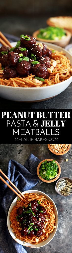 These four ingredient Peanut Butter Pasta and Jelly Meatballs are perfect for lunch boxes or a fun and quick weeknight meal.  Garnished with green onions, peanuts and sesame seeds, this recipe packs a flavorful punch in just 20 minutes.