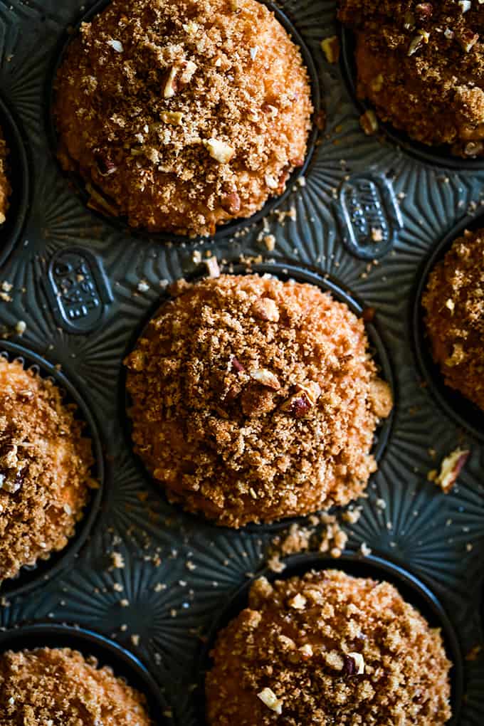 A close up view of the tops of Butterscotch Muffins with Brown Sugar Pecan Streusel.