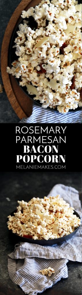 I've combined three of my favorite ingredients to make this Rosemary Parmesan Bacon Popcorn truly legendary.  Kernels of popcorn take a swim in bacon fat before popping and then tossed with fresh rosemary, shaved Parmesan cheese and crumbled bacon.  Perfect for movie night, game day or any time you need an amazing savory snack.