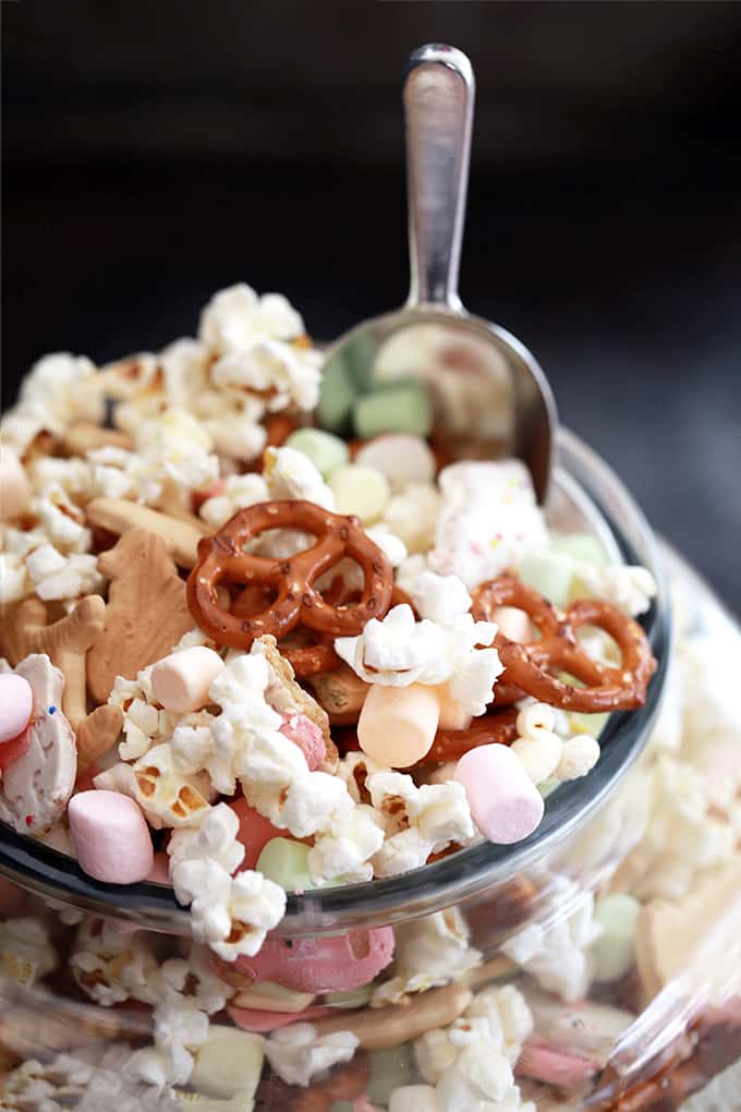 This Animal Cookie Snack Mix is popular with young and old alike.  Freshly popped popcorn is tossed with animal crackers, frosted animal cookies, miniature fruit marshmallows, mini pretzels and peanuts for the perfect sweet and savory snack mix.  