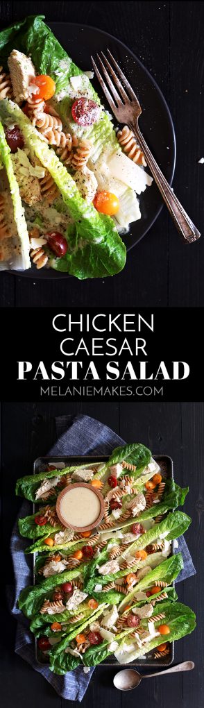 This deliciously easy Chicken Caesar Pasta Salad takes just 25 minutes to prepare and is the perfect weeknight dinner idea.  Chicken, shaved Parmesan cheese, pasta and cherry tomatoes adorn crisp romaine leaves before being drizzled with a homemade Caesar dressing.