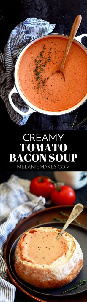 This ten ingredient Creamy Tomato Bacon Soup not only tastes amazing, but it also uses common ingredients already in your pantry and fridge. #soup #tomatoes #bacon #comfortfood #easyrecipe #easydinner