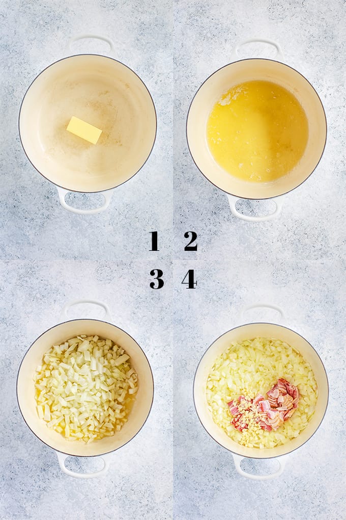 How to prepare Creamy Tomato Bacon Soup, steps 1-4.