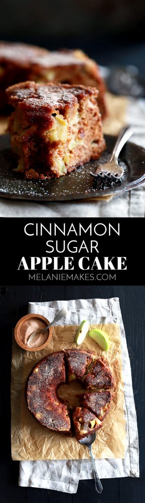 This seven ingredient Cinnamon Sugar Apple Cake is a humble little cake.  It doesn't need any sickeningly sweet glaze or gloppy frosting, no friend, this cake is just enough as is with a cinnamon sugar crust.  With just 10 minutes of prep work, this is a great recipe to keep in your back pocket when you want to treat your family - or yourself! - or you have friends coming over.  