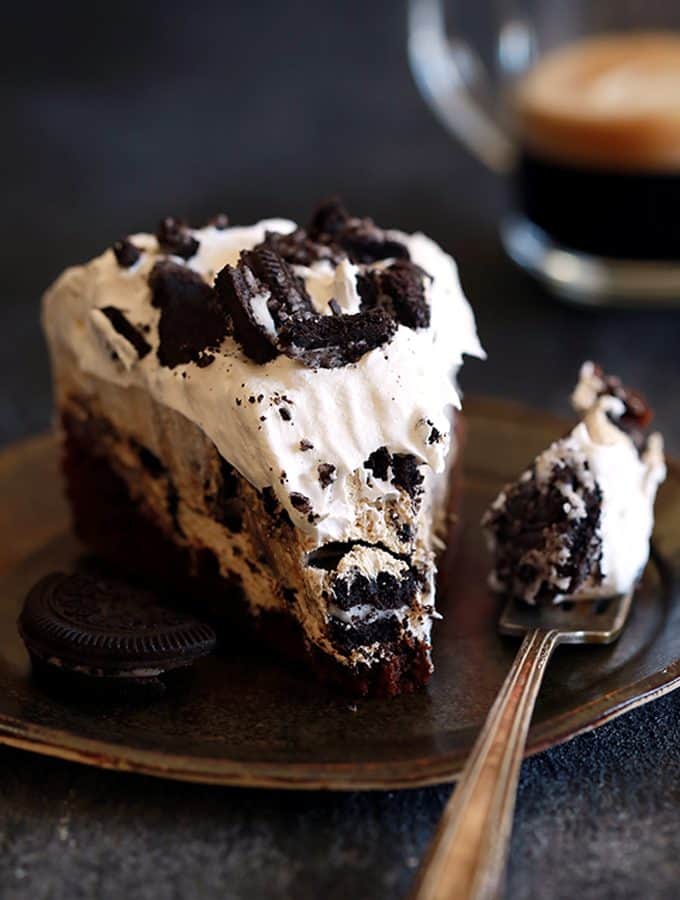 Coffee Cookies and Cream Cheesecake Brownie Cake